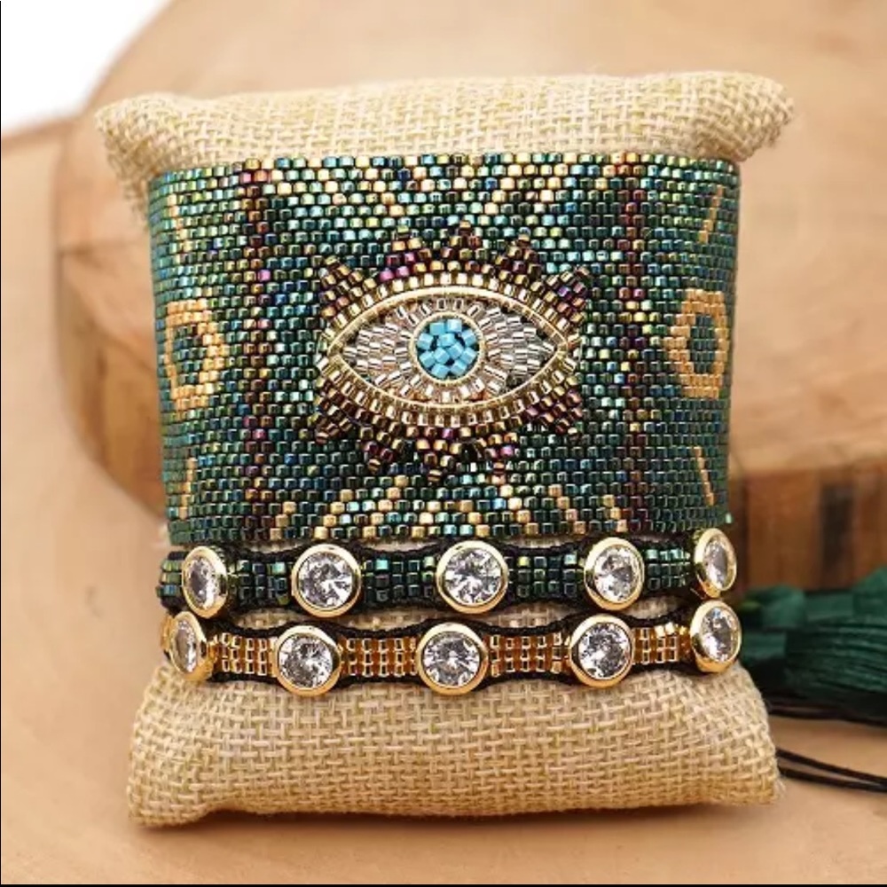 Evil Eye Beaded Bracelet Set Hamsa Tassel Jewelry